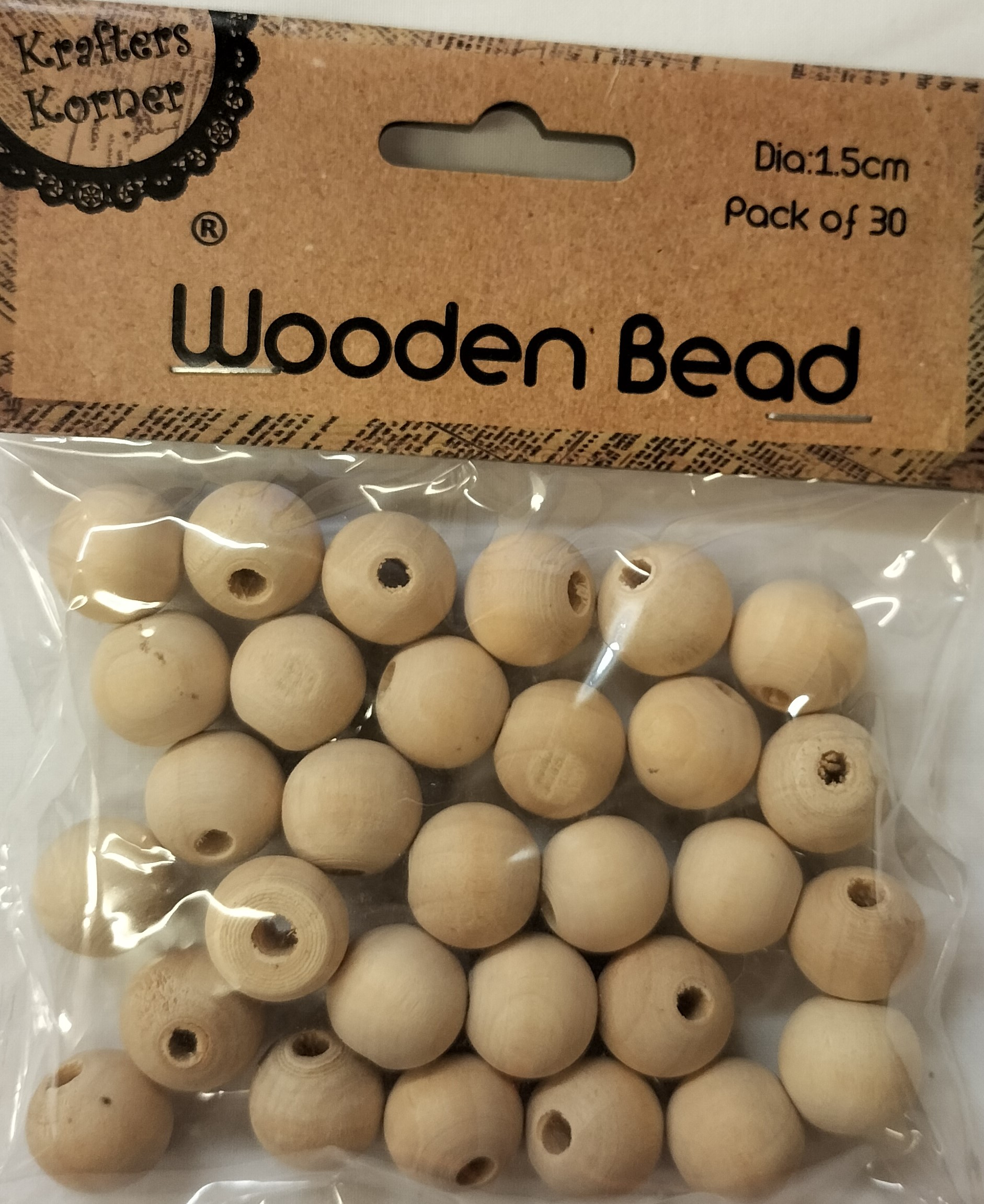 Wood Bead Round 15mm Natural Pack of 30